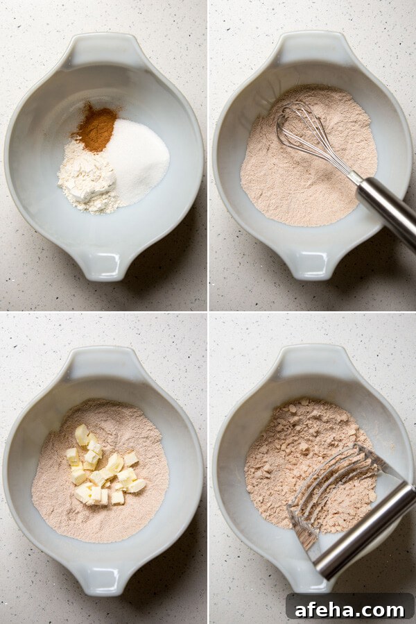 A collage of 4 photos showing the process of making cinnamon streusel