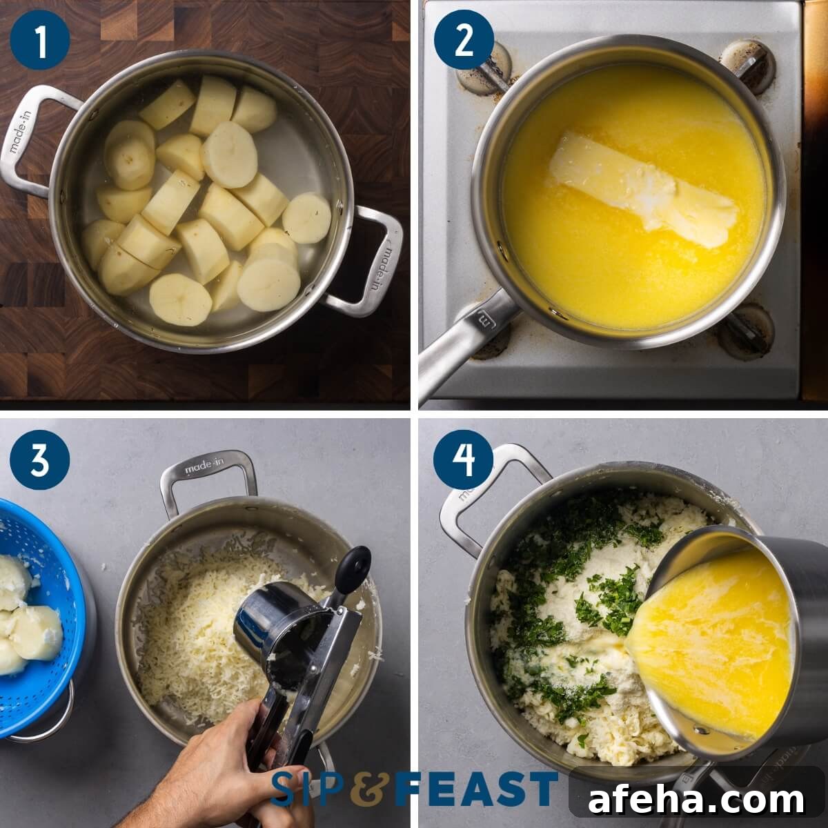 Italian baked mashed potatoes recipe process collage group one showing potatoes in pot, melting butter with milk, ricing potatoes, and mixing butter into riced potatoes.