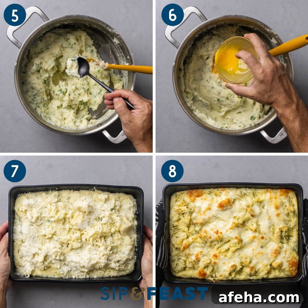 Recipe collage group two showing taste testing, adding eggs, placing mixture into baking dish, and finished dish on granite counter.