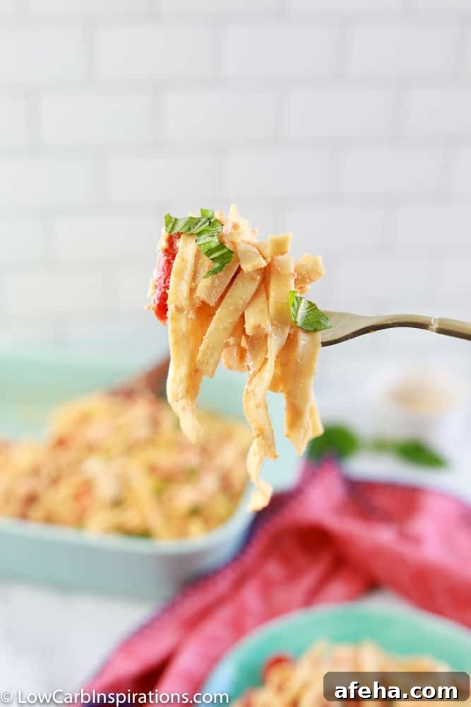 keto baked feta pasta on a fork close up