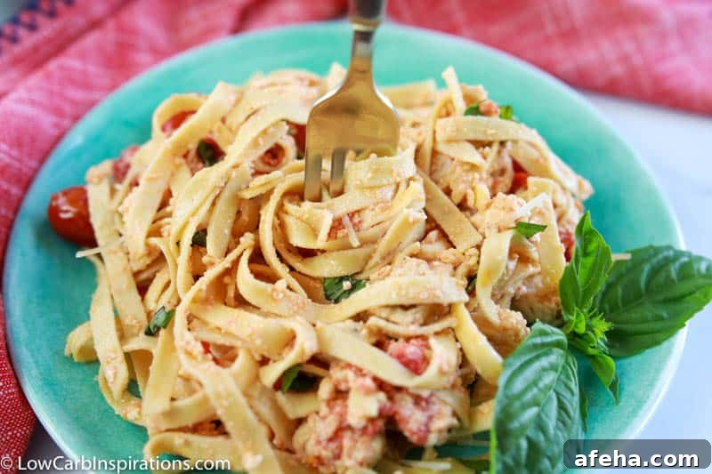 swirling low carb baked pasta on a fork close up
