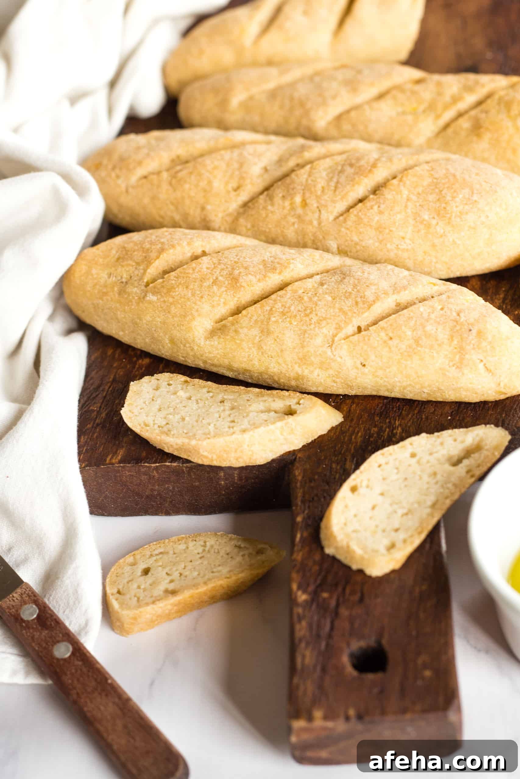 Sliced gluten-free baguettes on wooden board.