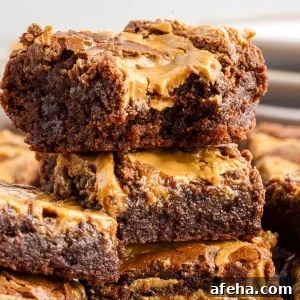 Close up of stacked peanut butter brownies recipe.