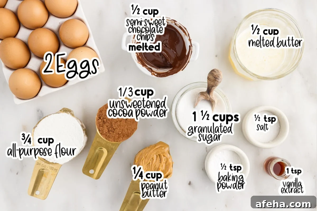 Individual ingredients for peanut butter brownie recipe with text labels.