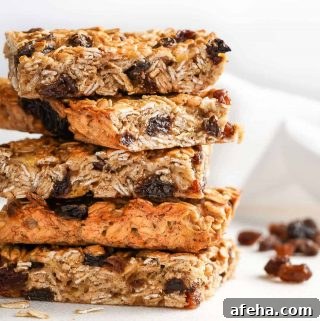 Stack of Easy Oatmeal Raisin Breakfast Bars