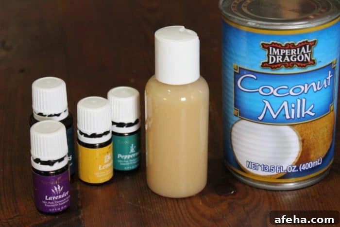 Image shows ingredients needed for homemade shampoo, including essential oils and coconut milk