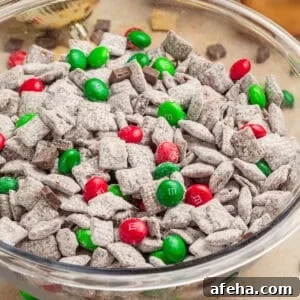 Bowl with holiday mint chocolate puppy chow.