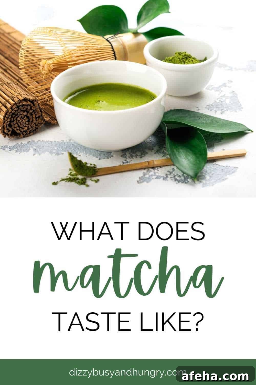 Matcha powder and tea on a white background styled with green tea leaves and a rolled bamboo placemat.