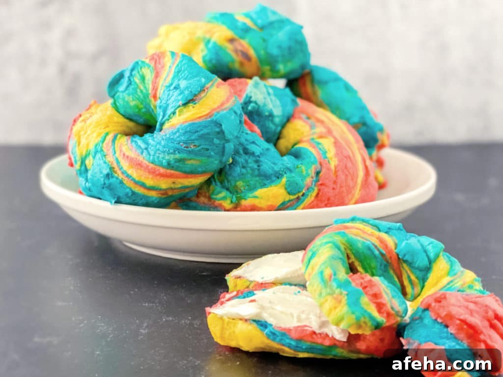 homemade rainbow bagels on counter