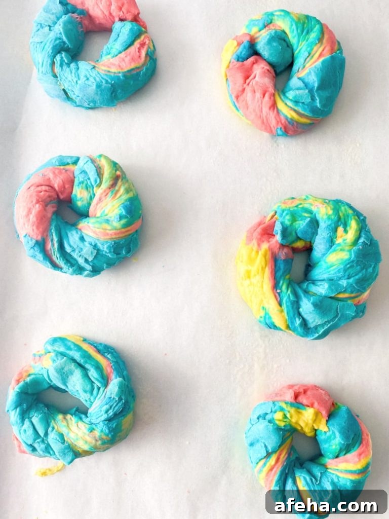 rainbow bagels on sheet