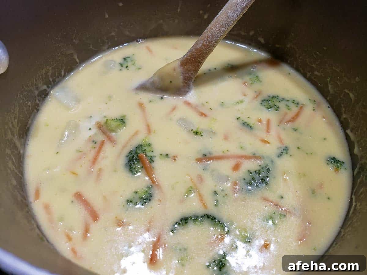 Creamy Cheddar Vegetable Soup Recipe for Cozy Weeknights 10 cheese vegetable soup cooking in a pan.
