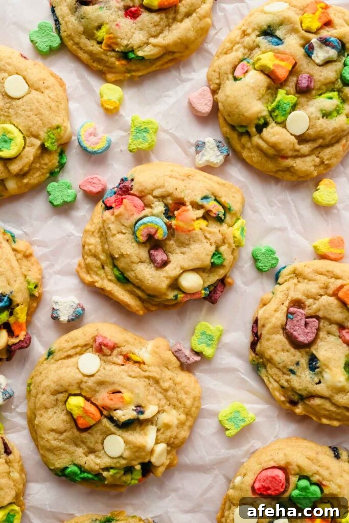 baked lucky charm sugar cookies on parchment paper with additional lucky charm marshmallows scattered.