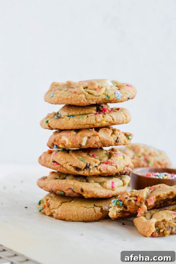 Stack of six Funfetti Chip Cookies.