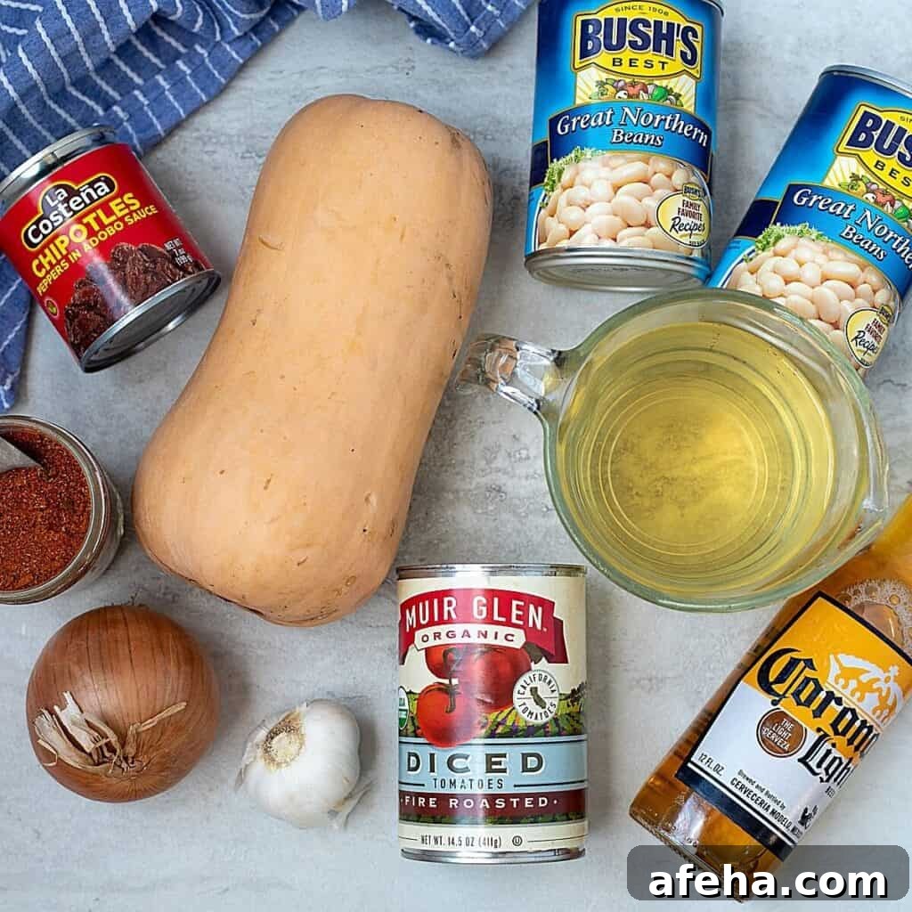 Ingredients for Butternut Squash Chili on counter
