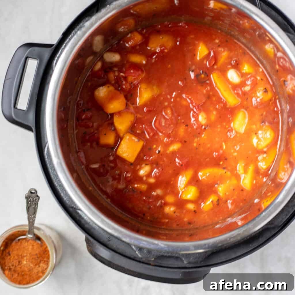 Butternut Squash Chili in instant pot after being pressure cooked. 