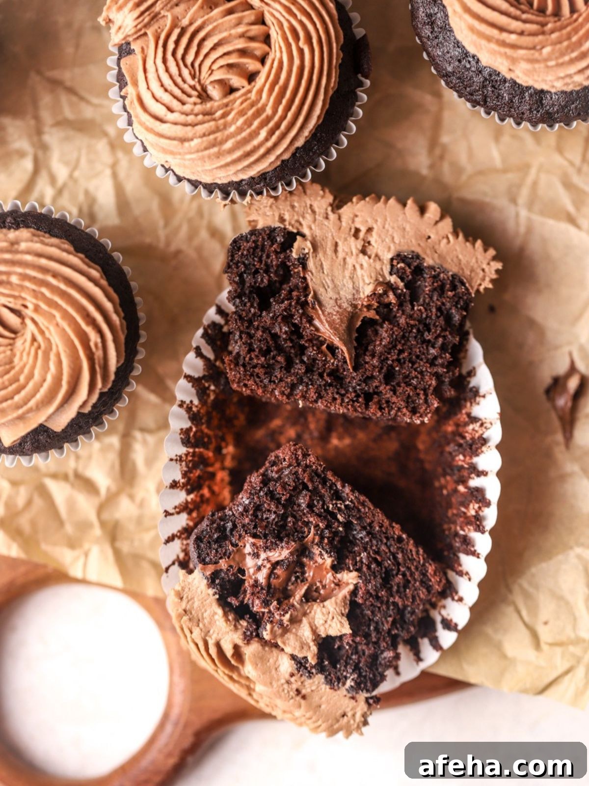 Cupcake cut in half showing Nutella center