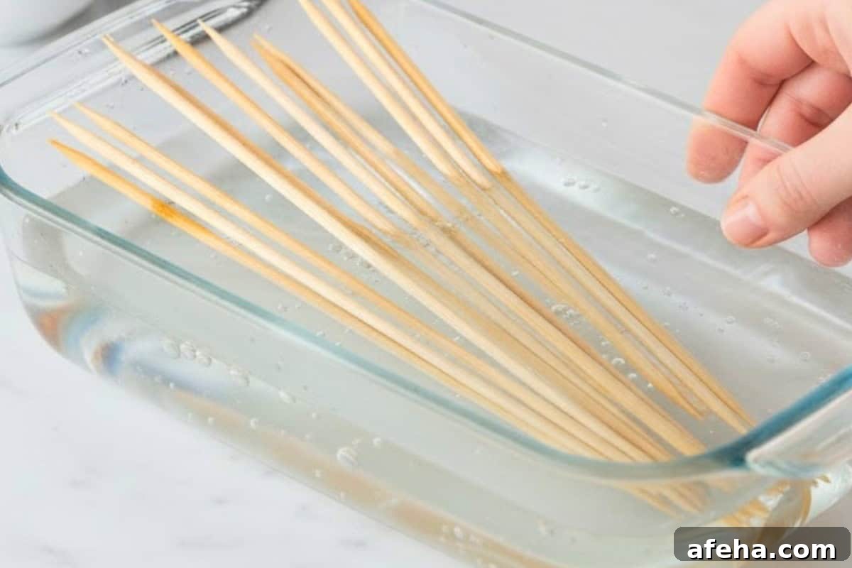 Place wooden skewers in water for at least 20 minutes so they don’t burn while cooking. 