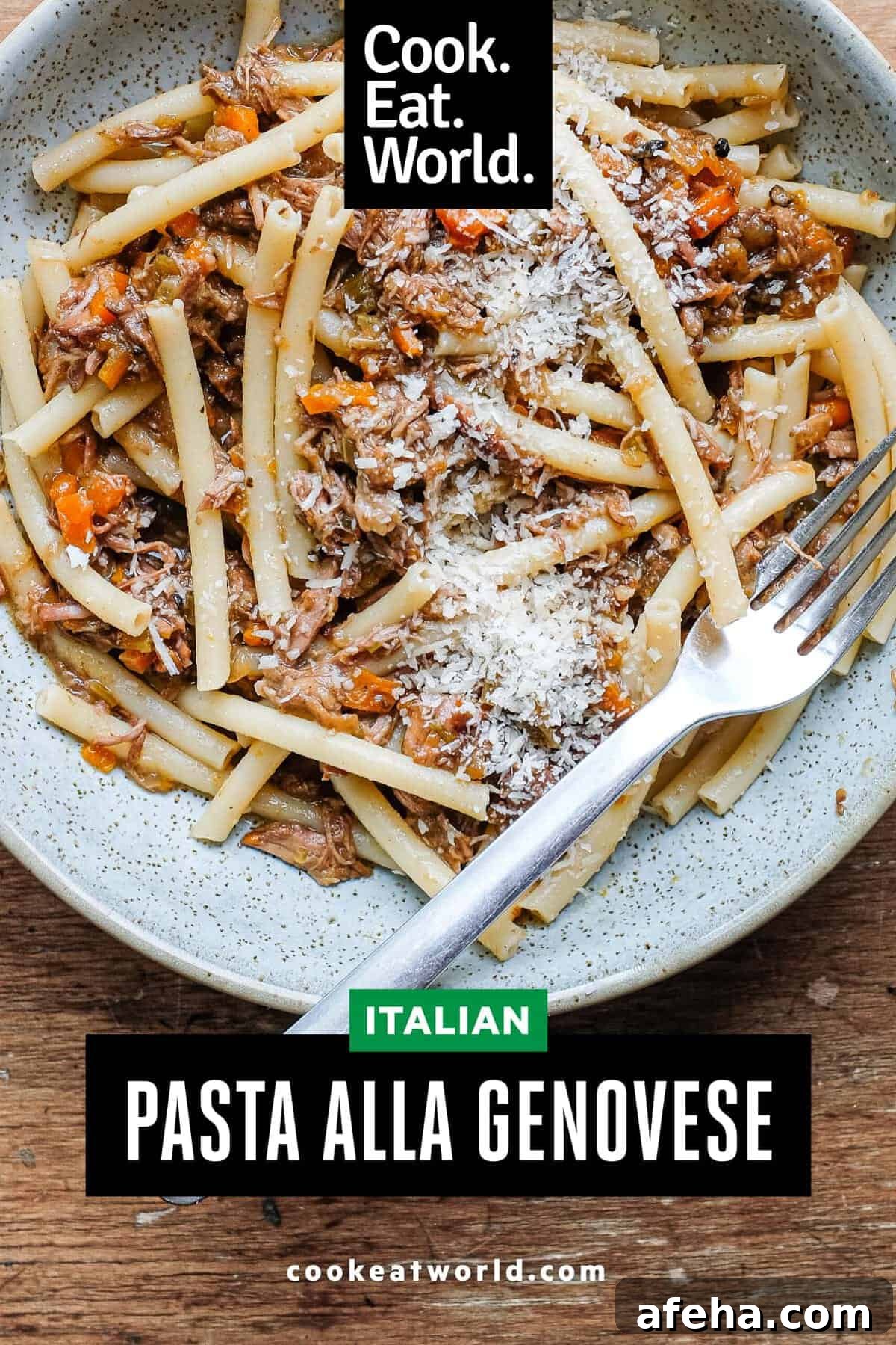 A bowl fo Pasta Alla Genovese with tubular pasta