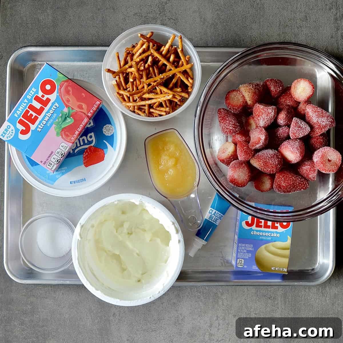 Ingredients for making Strawberry jello pretzel salad