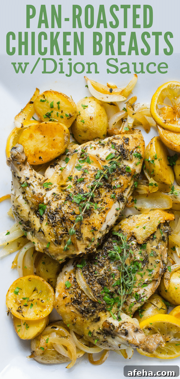 Love chicken with wine sauce? These Pan Roasted Chicken Breasts with Dijon Sauce are the best baked chicken breasts ever. Very moist chicken breast recipe.