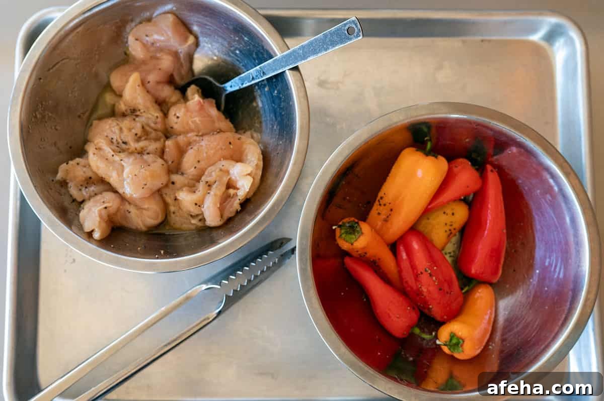 Chicken and peppers prepped.