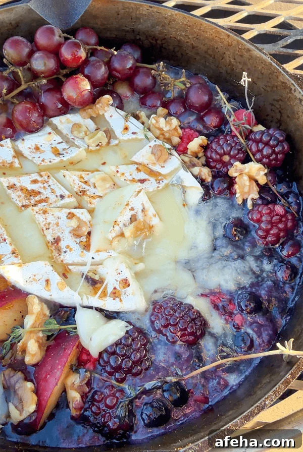 Campfire brie cheese dip with berries.