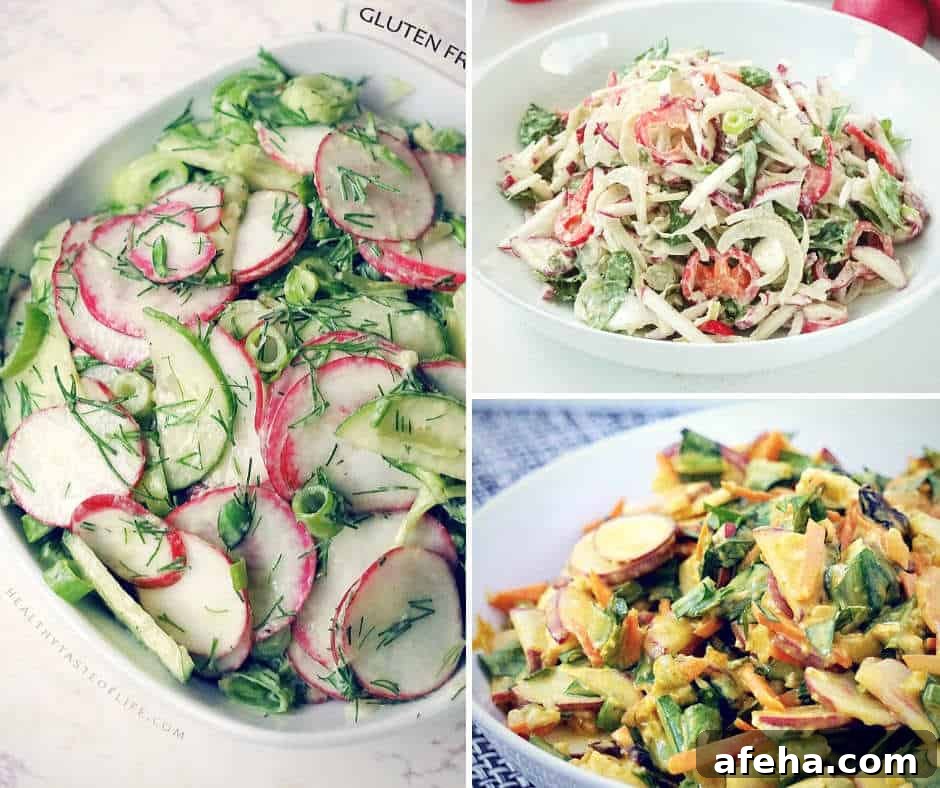 3 Healthy radish salad recipes that are gluten free, dairy free, vegan made with fresh raw radishes and creamy homemade dressings.