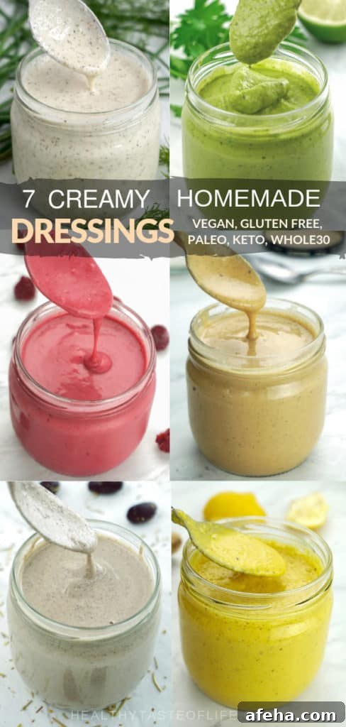 7 Creamy Homemade Salad Dressing Recipes (healthy, gluten free, dairy free, low carb, vegan, paleo, whole30). With this collection of recipes you will learn how to make healthy homemade salad dressings with real clean eating ingredients to be ready in 5 minutes! Creamy Avocado, Anti-inflammatory, Raspberry Vinaigrette, Homemade Ranch, Creamy Greek and Italian Salad Dressings, and Creamy Thai Salad Dressing (+ nut free option). Easy how-to make instructions in a video.