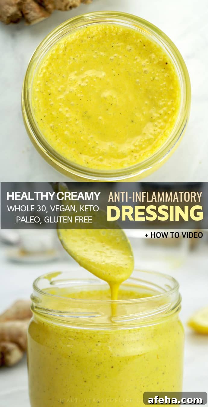 Healthy Creamy Anti-inflammatory Salad Dressing – dairy free, gluten free, vegan,  made with fresh lemon juice, ginger, honey, turmeric. 