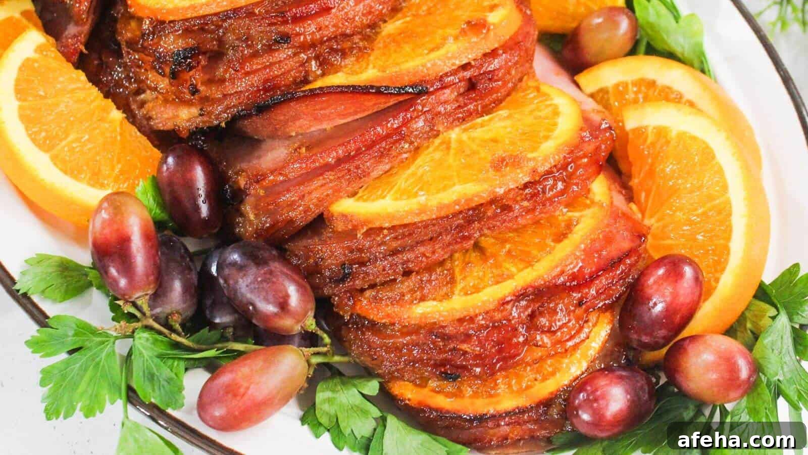 Sliced ham with orange slices and grapes, garnished with parsley on a platter.