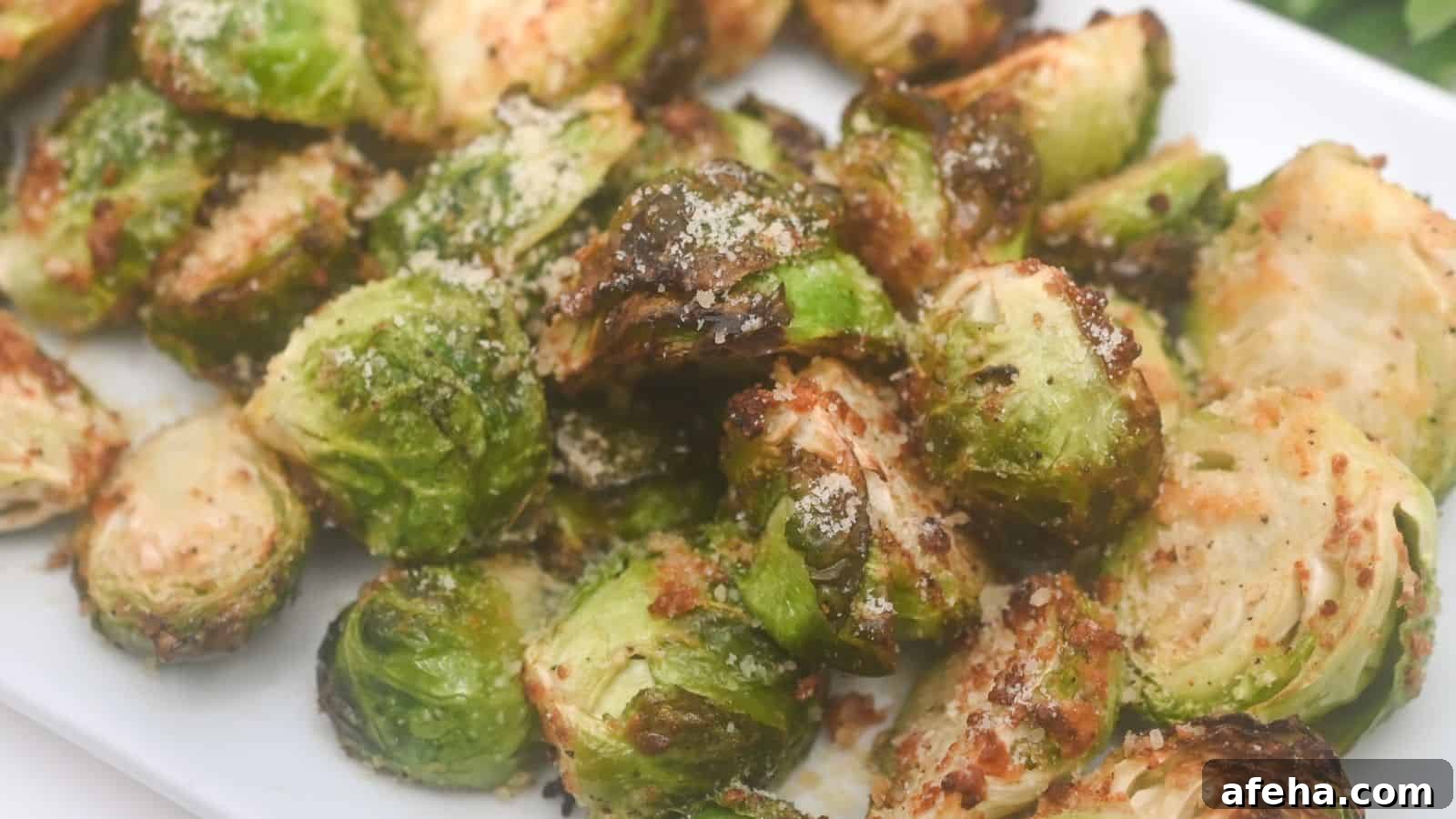 Air-fried brussels sprouts with grated parmesan cheese on a white plate.