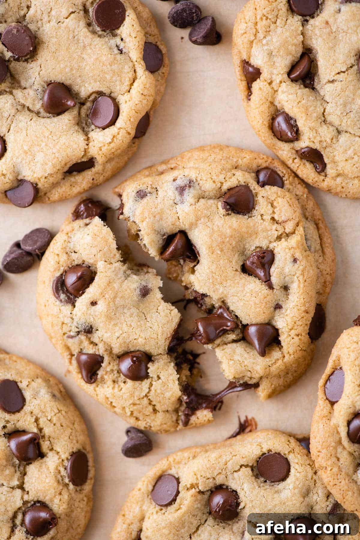 Overhead view of chocolate chip cookies on parchment paper, with one broken in half to show gooey chocolate chips