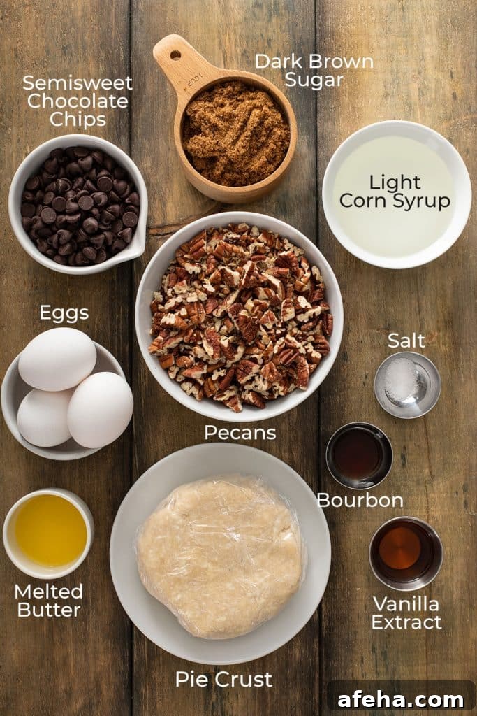Ingredients to make rich and decadent Chocolate Pecan Pie on a wooden surface.