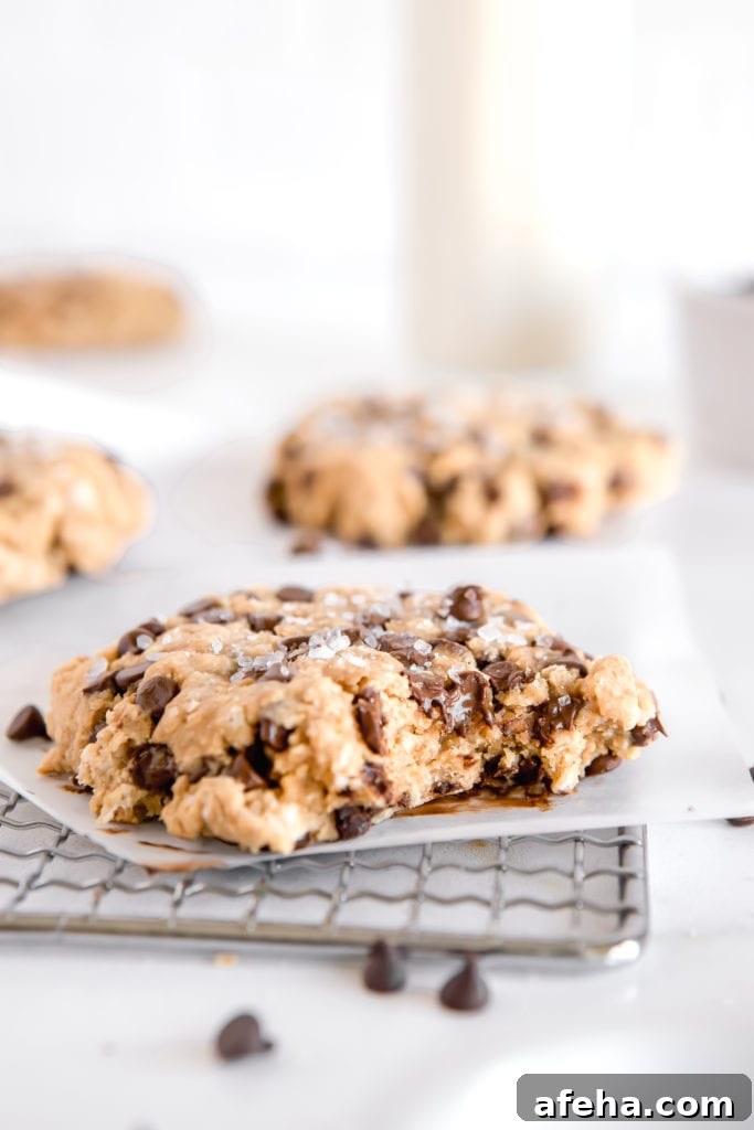 bite shot of a gluten free oatmeal protein cookie on a cookie sheet 