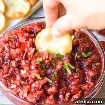 Cracker being dipped in bowl of red salsa. 