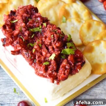 Salsa spooned over block of cream cheese and presented on a tray with crackers. 