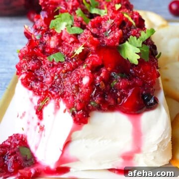 Best easy fresh cranberry salsa spooned over block of cream cheese and garnished with cilantro.