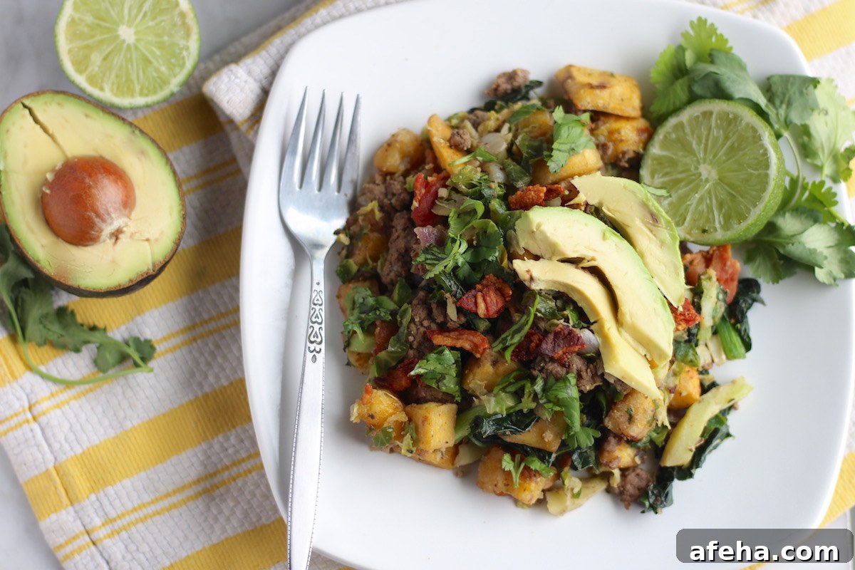 Beef Bacon Plantain Hash (AIP, Paleo) - a rustic hash with savory meats, sweet plantains, and healthy greens, perfect for any meal of the day! | fedandfulfilled.com