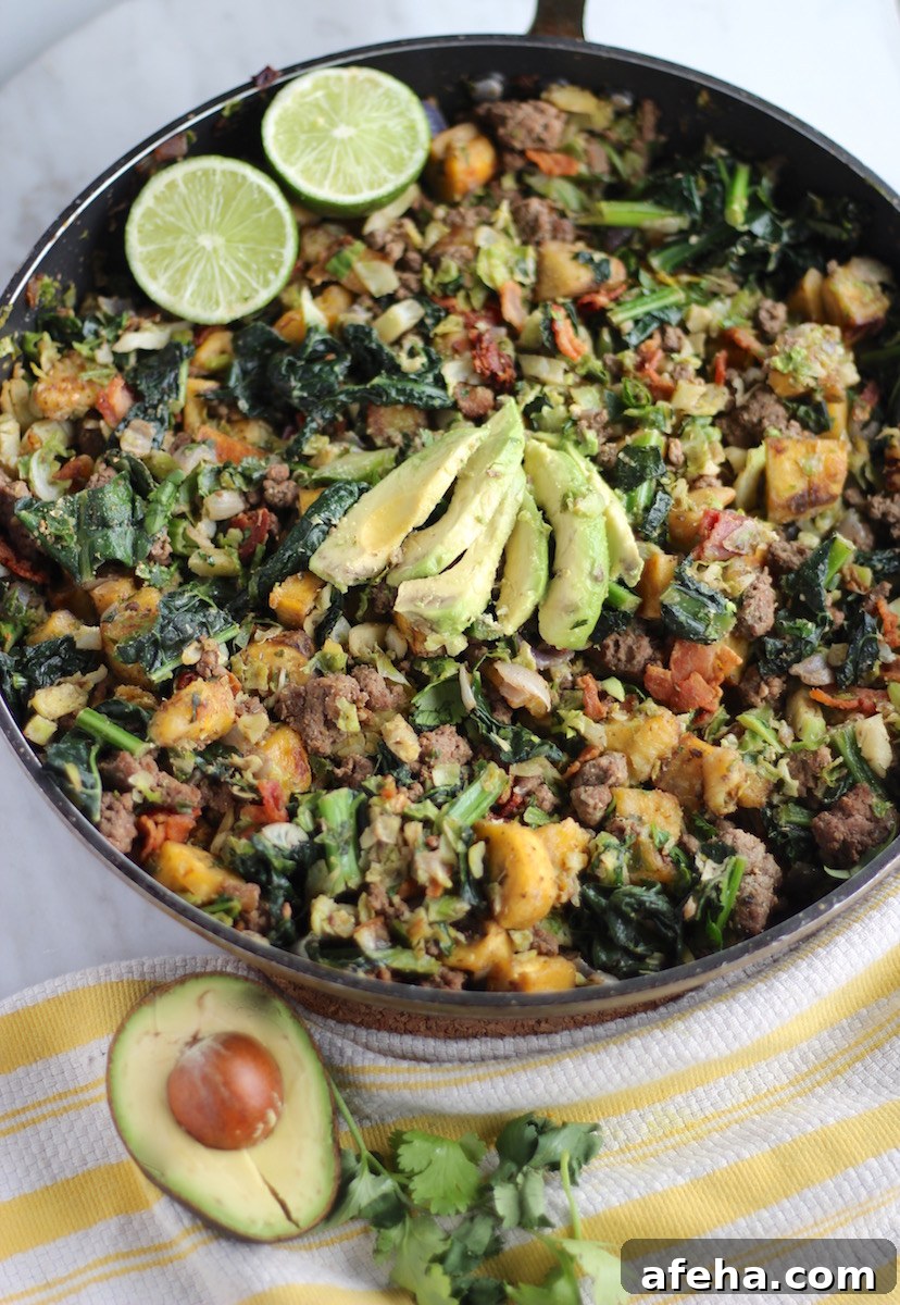 Beef Bacon Plantain Hash (AIP, Paleo) - a filling hash packed with protein, veggies, and healthy fats! One skillet makes a huge batch, so it's great for breakfast and lunch all week long! | fedandfulfilled.com