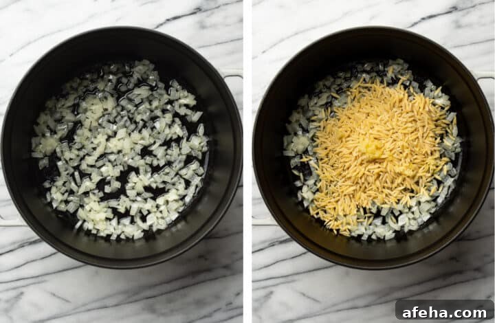 sauteing onion and orzo in a pot
