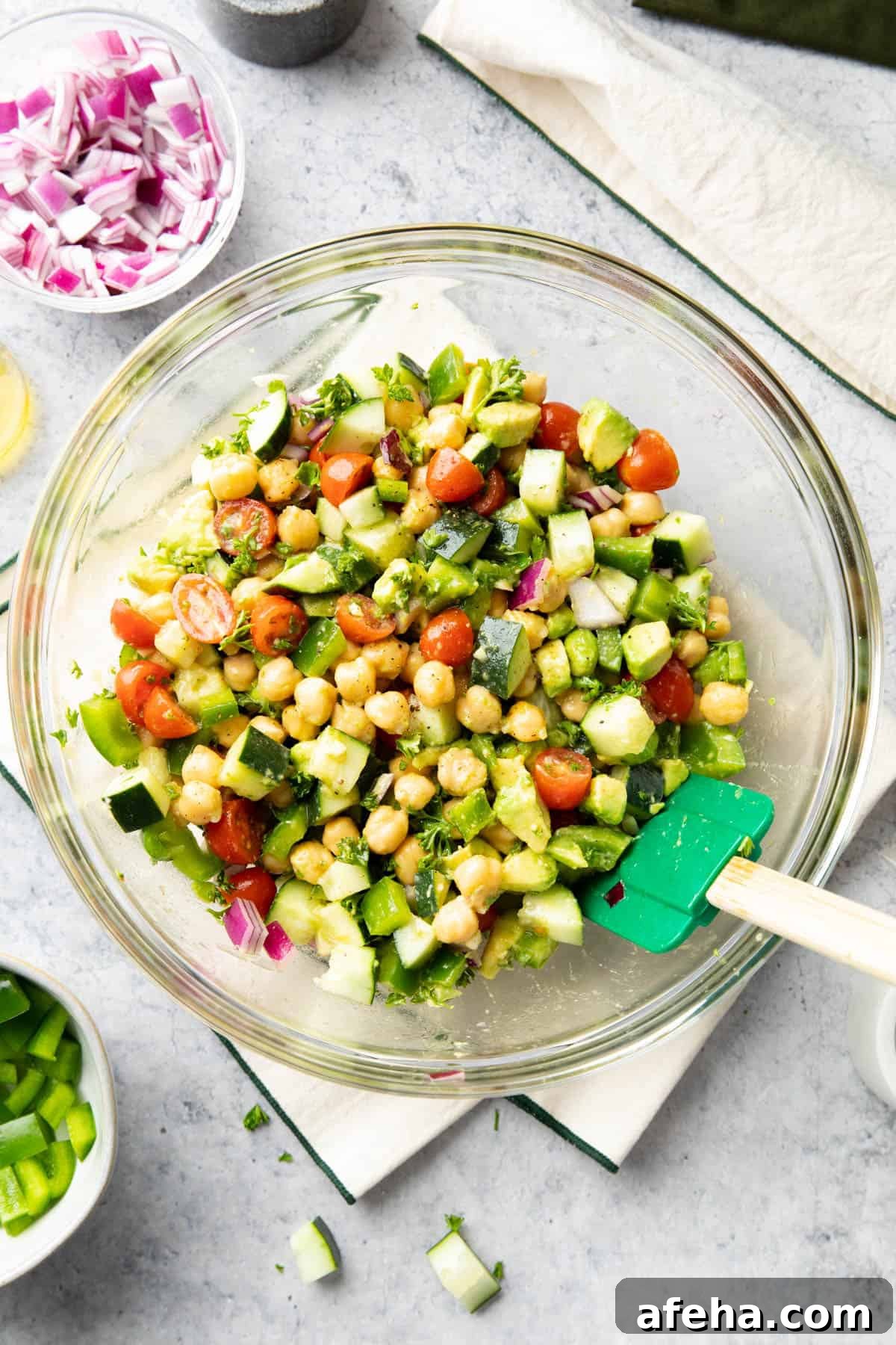 Chickpea Salad in a serving bowl on a napkin