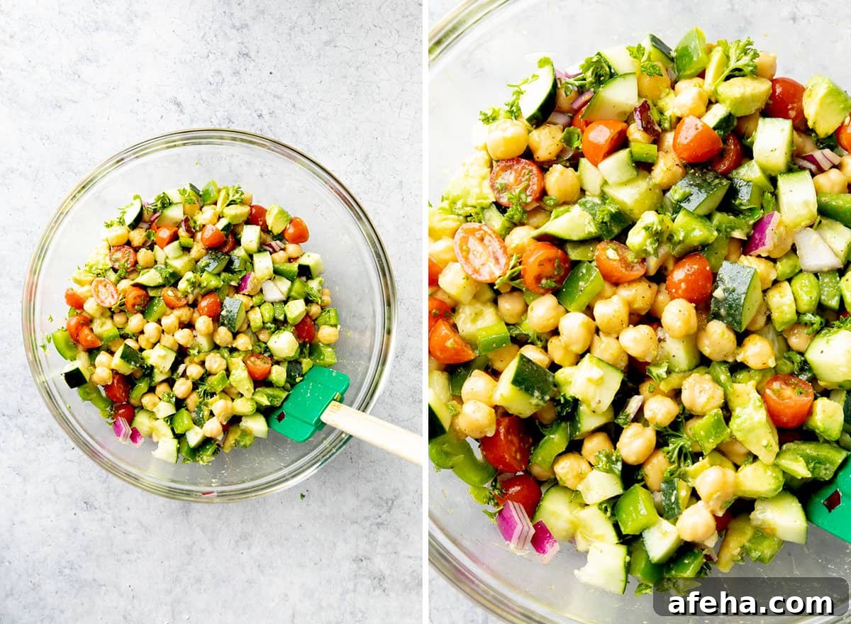 Two photos showing How to Make this recipe – stirring and folding chopped vegetables until well coated
