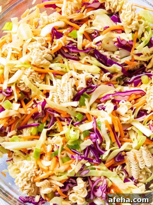 Close up of this delicious ramen noodle salad coated with asian ramen seasoning dressing