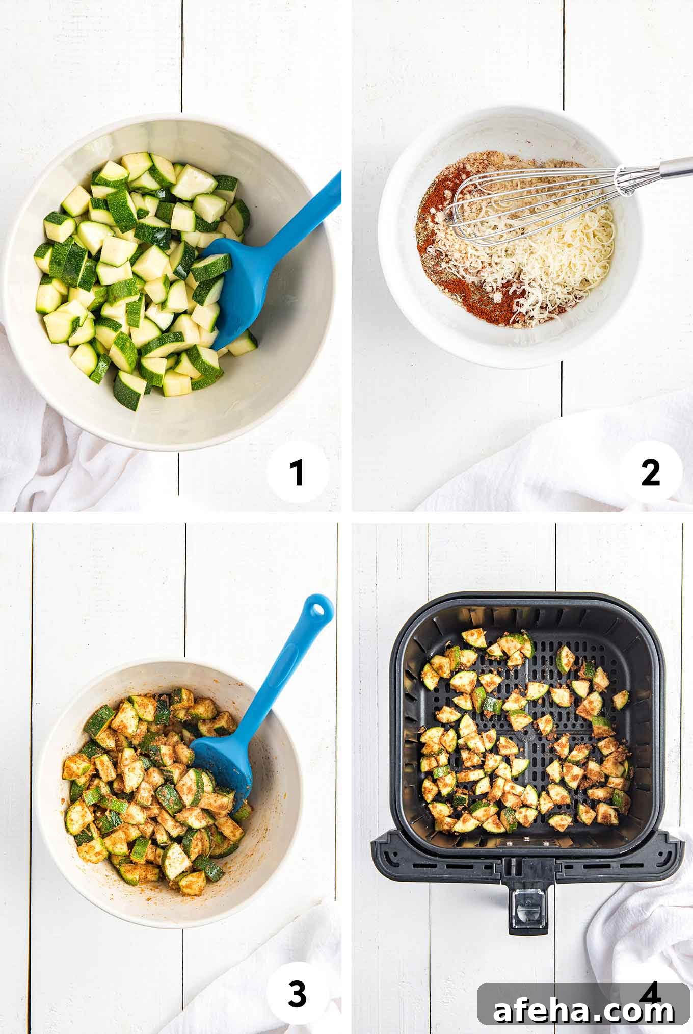 A collage of steps to make air fried zucchini from zucchini in the bowl, mixing the seasoning, toss it, and in the air fryer basket.