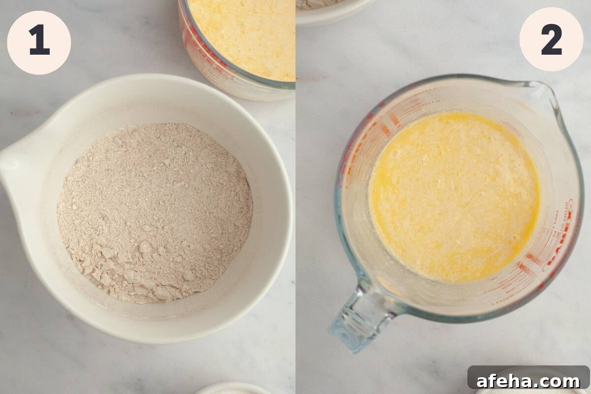 Flour in a bowl and a jug with a yellow mixture in it.