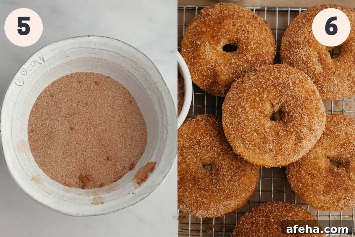 Cinnamon sugar in a bowl and cinnamon donuts on a wire rack.