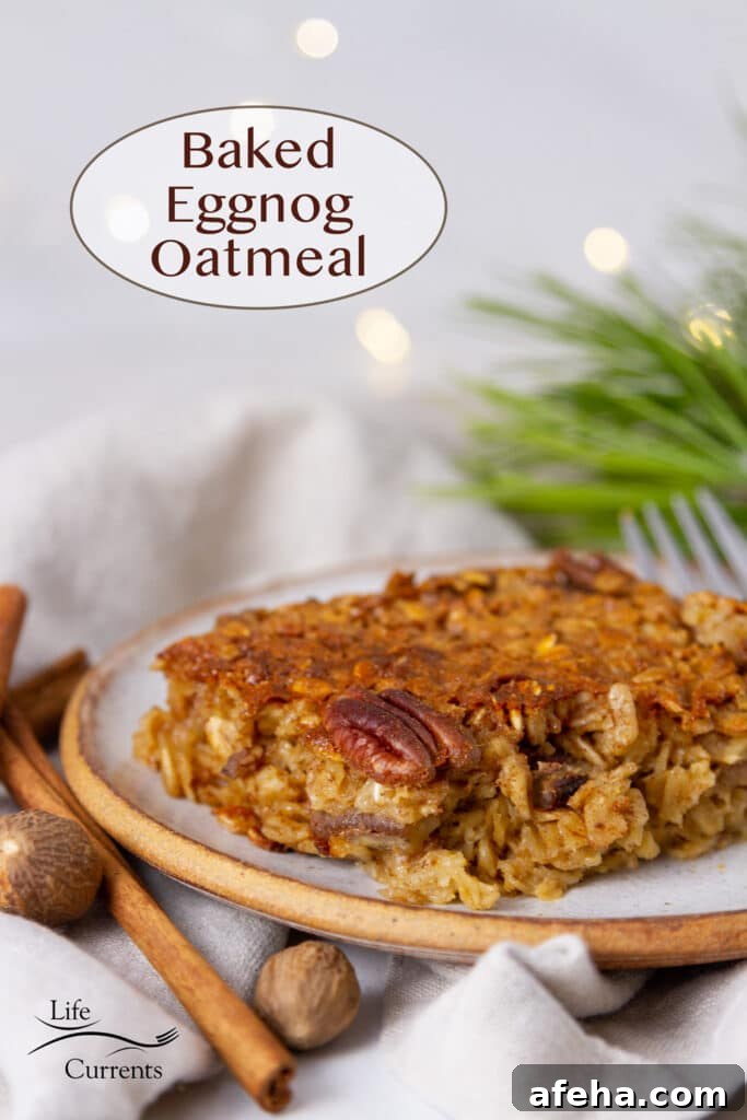 a slice of baked eggnog oatmeal on a plate with spices and pine boughs around.