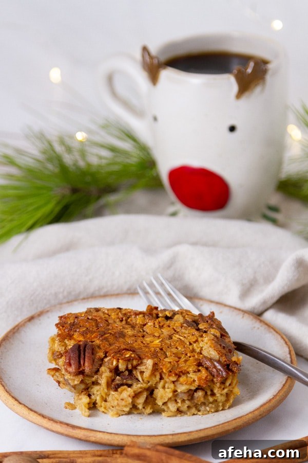 Oatmeal breakfast on a plate with a fork, and a reindeer mug in the background with pine needles.