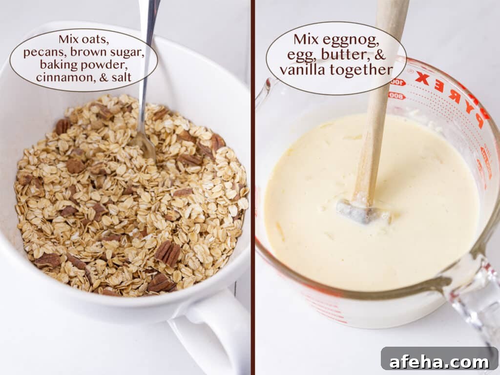 dry ingredients in a bowl on left and wet ingredients in a bowl on right.