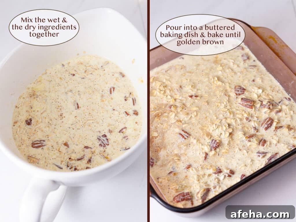 all ingredients mixed together on left and poured into a pan on right.